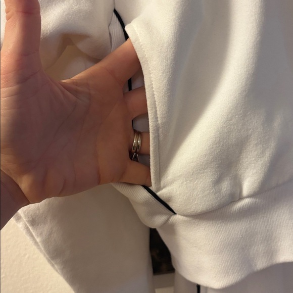 EUC Athleta Forever Fleece 2pc Tracksuit White Black Piping, Top M, Bottom S - Picture 5 of 7